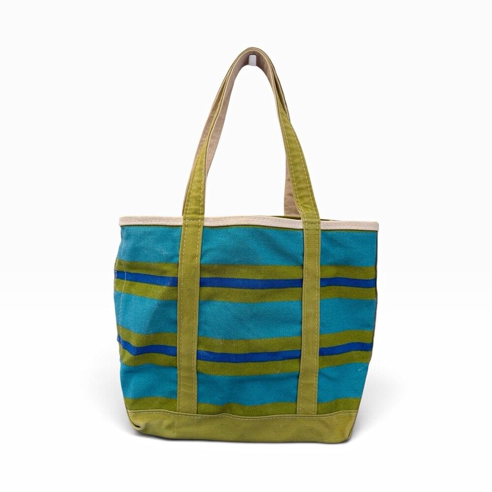 Vintage 90’s L.L.Bean Boat and Tote zip top striped tote blue green striped
